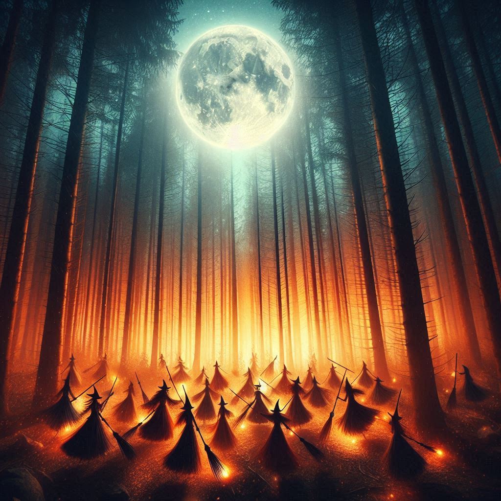 illustrative darstellung von hexen im wald bei Vollmond symbolisiert verbindung, austausch und transformation